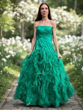 Kiera Couture Emerald Green Corset Tulle Ruffle Tiered Prom Dress Size 4